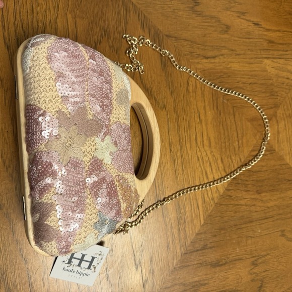 Haute Hippie Floral Sequin Wood Handle Clutch Purse w Chain Strap NWT